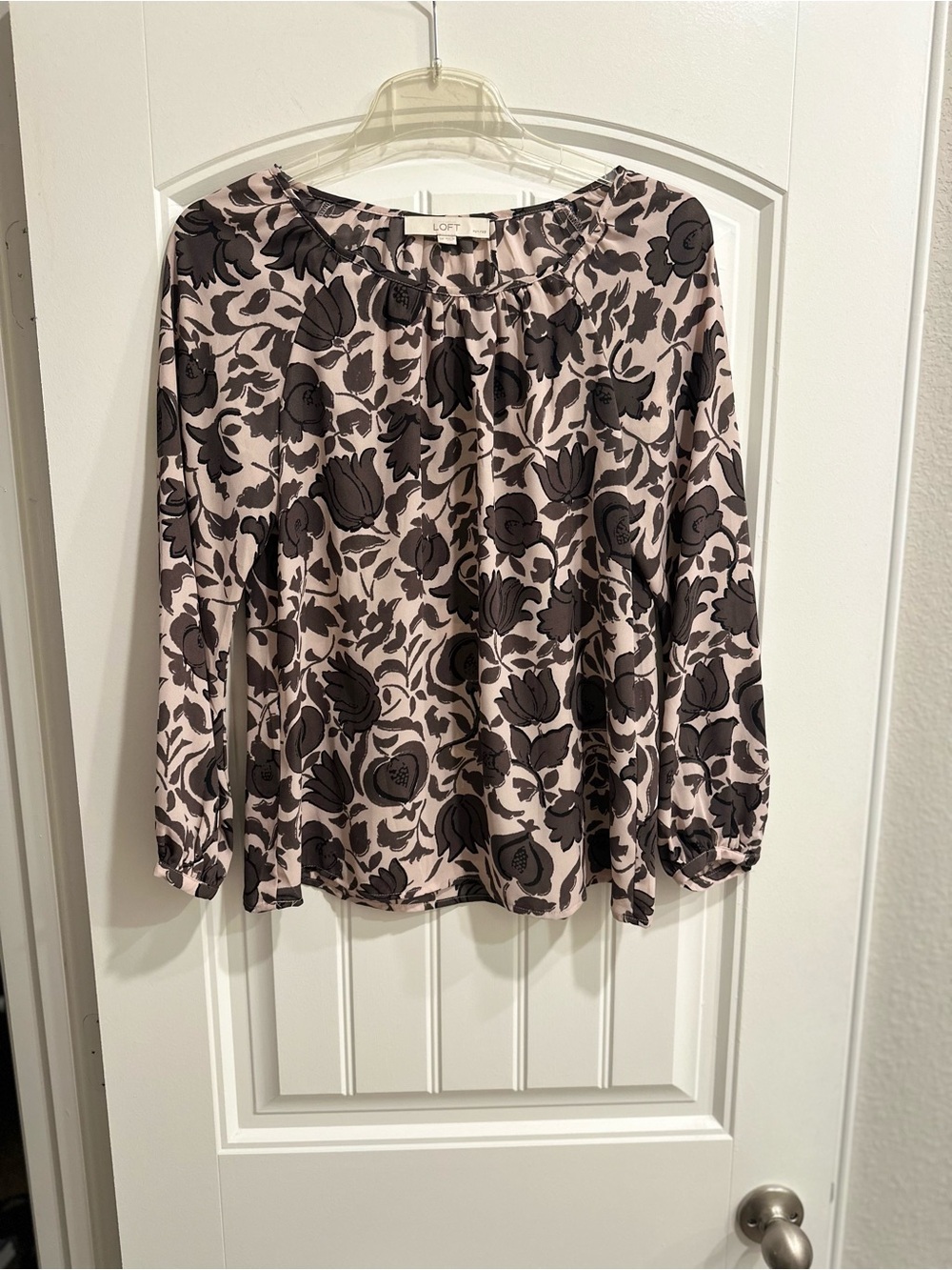 LOFT Blush Pink Blouse with Charcoal Grey Floral Print